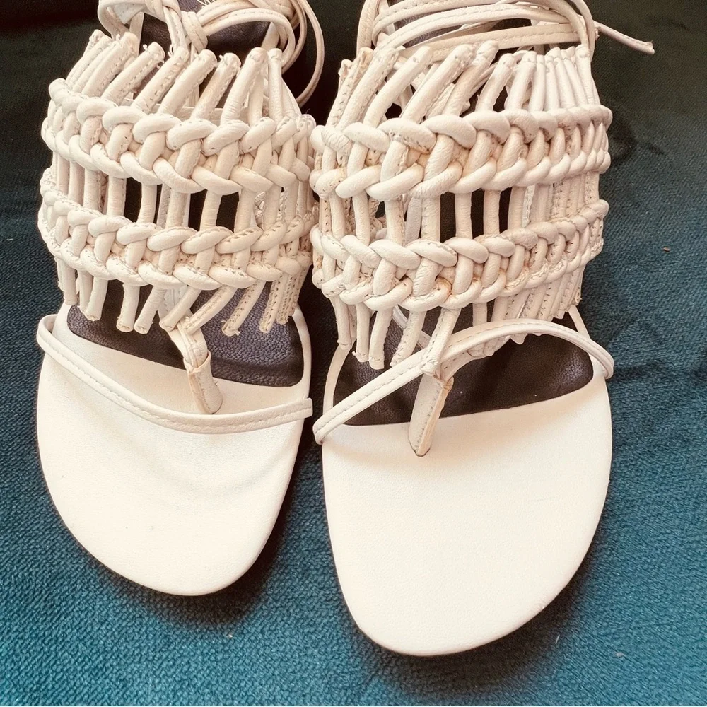 PHILLIP LIM STRAPPY WRAP CHUNKY HEEL WHITE MACRAMÉ BRAIDED SANDALS SIZE 7.5